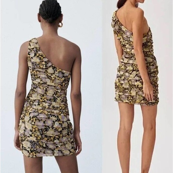 Zara One Shoulder Metallic Floral Ruched Mini Dress with Draping Bodycon XS NEW - Picture 2 of 6